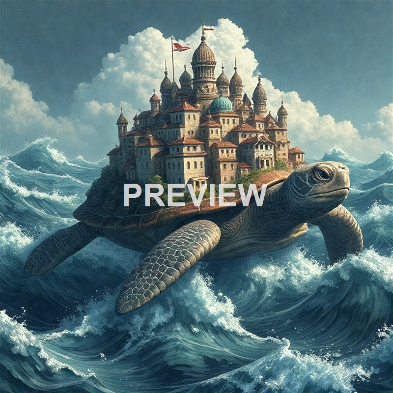 A giant turtle with a castle-like city on its back navigating through turbulent ocean waves under a cloudy sky.